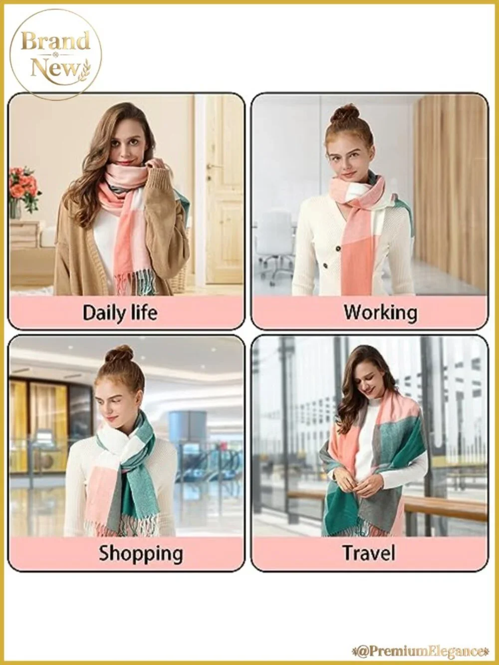 Oversized Plaid Winter Scarf Soft Warm Shawl Wrap Tassel Trim Women